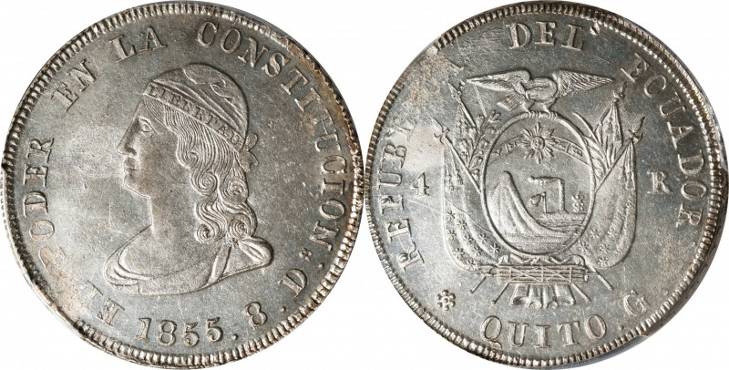 ECUADOR. 4 Reales, 1855-GJ. Quito Mint. PCGS MS-62.
KM-37; Seppa-EC-64; Carr-59...