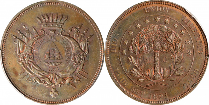 HONDURAS. Copper 50 Centavos Pattern, 1871. PCGS SPECIMEN-63 Brown.
KM-Pn16. On...