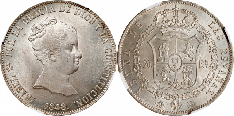 SPAIN. 20 Reales de Vellon, 1848-M CL. Madrid Mint. Isabel II. NGC MS-63+.
KM-5...