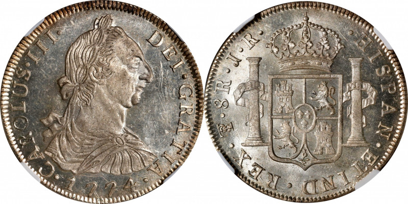 BOLIVIA. 8 Reales, 1774-PTS JR. Potosi Mint. Charles III. NGC MS-64+★.
KM-55; C...