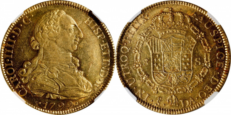 CHILE. 8 Escudos, 1799-So DA. Santiago Mint. Charles IV. NGC MS-61.
Fr-23; KM-5...