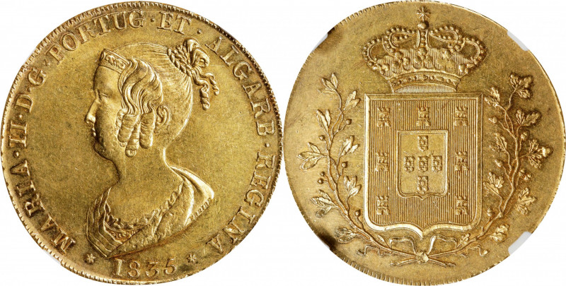 PORTUGAL. Peca (7500 Reis), 1835. Lisbon Mint. Maria II. NGC MS-61.
Fr-141; KM-...