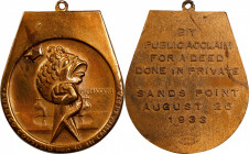1933 Huey P. Long Toilet Seat Medal. Bronze. Mint State.
38.3 mm x 33.4 mm. Looped for suspension. Obv: Bold Art Deco image of a powerful fist smacki...