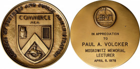 New York University, College of Business and Public Administration Appreciation Medal. Struck by Medallic Art Company. Bronze. Awarded to Paul A. Volc...