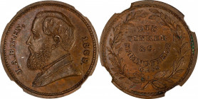 1869 John Adams Bolen Store Card. Musante JAB-35, Rulau Ma-Sp 48. Copper. MS-65 BN (NGC).
25 mm.