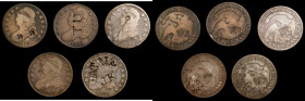 Lot of (5) Counterstamped Capped Bust Half Dollars.
Included are: HATTIE / JK on an 1825; TU on an 1828; U three times on an 1820; (rosette) on an 18...