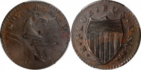 1787 New Jersey Copper. Maris 6-D, W-5050. Rarity-2. No Sprig Above Plow, Double Coulter. EF Details--Environmental Damage (PCGS).
PCGS# 767864.