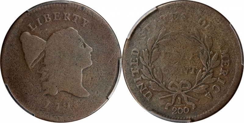 1795 Liberty Cap Half Cent. C-6a. Rarity-2. Plain Edge, No Pole. Thin Planchet. ...