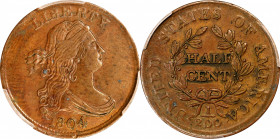 1804 Draped Bust Half Cent. C-10. Rarity-1. Crosslet 4, Stems to Wreath. AU-55 (PCGS).
PCGS# 1069.