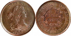 1804 Draped Bust Half Cent. C-12. Rarity-2. Crosslet 4, Stemless Wreath. Unc Details--Cleaned (PCGS).
PCGS# 1072.