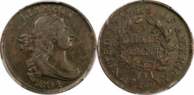 1804 Draped Bust Half Cent. C-13. Rarity-1. Plain 4, Stemless Wreath. EF-45 (PCGS).
PCGS# 1063. NGC ID: 222F.