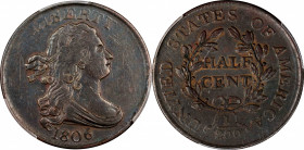 1806 Draped Bust Half Cent. C-1. Rarity-1. Small 6, Stemless Wreath. EF Details--Graffiti (PCGS).
PCGS# 1093.