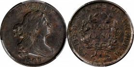 1807 Draped Bust Half Cent. C-1, the only known dies. Rarity-1. AU-53 (PCGS).
PCGS# 1104.