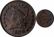 1809/'6' Classic Head Half Cent. C-5. Rarity-1. 9/Inverted 9. AU-55 BN (NGC).
PCGS# 35233. NGC ID: CZEZ.
From the Michael Mann Type Collection.