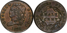 1825 Classic Head Half Cent. C-2. Rarity-1. MS-61 BN (NGC).
PCGS# 1141. NGC ID: 222T.
From the Steven Jay Ball Collection.