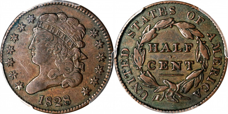 1828 Classic Head Half Cent. C-1. Rarity-2. 13 Stars. EF-40 (PCGS).
PCGS# 1147.