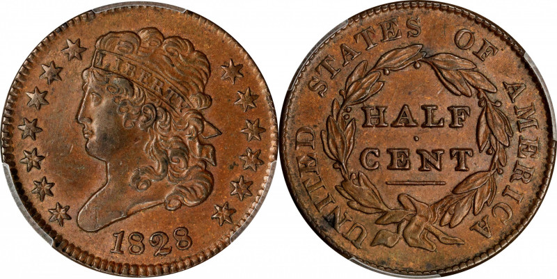 1828 Classic Head Half Cent. C-3. Rarity-1. 13 Stars. AU-58 (PCGS).
PCGS# 1147.