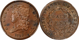 1832 Classic Head Half Cent. C-3. Rarity-1. AU-58 (PCGS).
PCGS# 1159. NGC ID: 222Y.