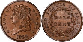 1833 Classic Head Half Cent. C-1, the only known dies. Rarity-1. MS-62 BN (PCGS).
PCGS# 1162.