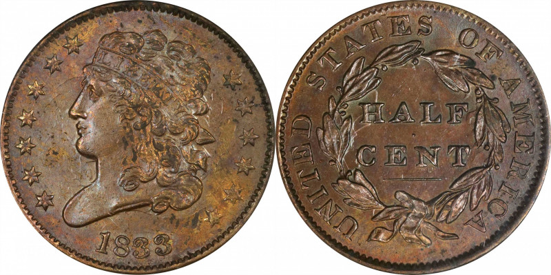 1833 Classic Head Half Cent. C-1, the only known dies. Rarity-1. MS-61 BN (NGC)....