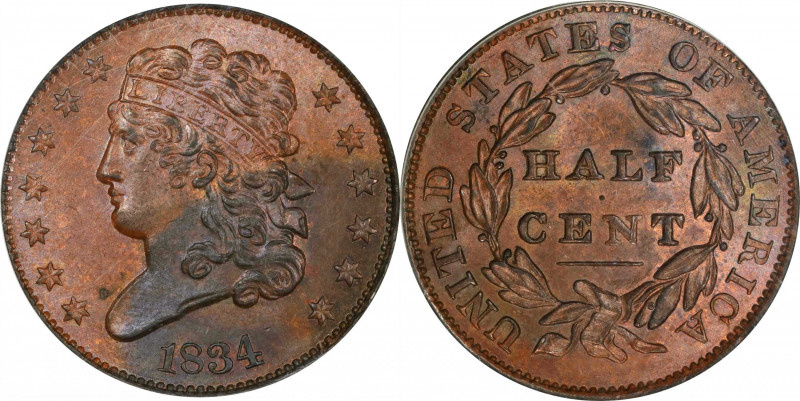 1834 Classic Head Half Cent. C-1, the only known dies. Rarity-1. MS-64 BN (PCGS)...