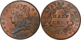 1834 Classic Head Half Cent. C-1, the only known dies. Rarity-1. MS-64 BN (PCGS). OGH.
PCGS# 1165.
From the Steven Jay Ball Collection.