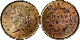 1835 Classic Head Half Cent. C-1. Rarity-1. Unc Details--Questionable Color (PCGS).
PCGS# 1168. NGC ID: 2233.