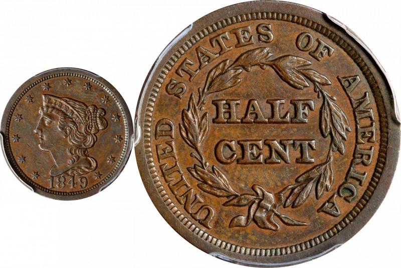 1849 Braided Hair Half Cent. C-1. Rarity-2. Large Date. AU Details--Cleaned (PCG...