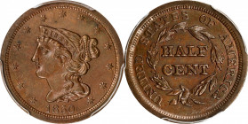 1850 Braided Hair Half Cent. C-1, the only known dies. Rarity-2. AU-55 (PCGS).
PCGS# 1221. NGC ID: 26YV.