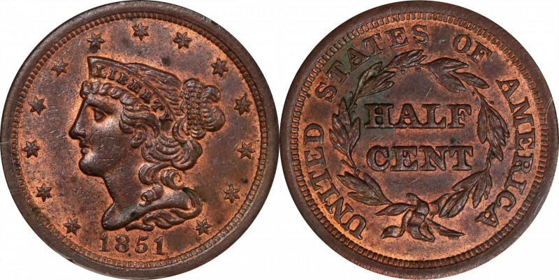 1851 Braided Hair Half Cent. C-1, the only known dies. Rarity-1. MS-62 RB (NGC)....