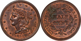 1851 Braided Hair Half Cent. C-1, the only known dies. Rarity-1. MS-62 RB (NGC).
PCGS# 1225. NGC ID: 26YW.
From the Steven Jay Ball Collection.