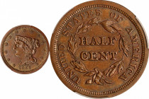 1851 Braided Hair Half Cent. C-1, the only known dies. Rarity-1. MS-62 BN (PCGS).
PCGS# 1224. NGC ID: 26YW.