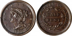 1853 Braided Hair Half Cent. C-1, the only known dies. Rarity-1. AU-58 (PCGS).
PCGS# 1227. NGC ID: 26YX.