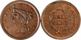 1856 Braided Hair Half Cent. C-1. Rarity-1. MS-63 BN (PCGS).
PCGS# 1236. NGC ID: 26Z2.