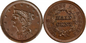 1856 Braided Hair Half Cent. C-1. Rarity-1. MS-62 BN (PCGS).
PCGS# 1236. NGC ID: 26Z2.