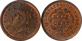 1857 Braided Hair Half Cent. C-1, the only known dies. Rarity-2. MS-63 BN (NGC).
PCGS# 35339. NGC ID: 26Z3.
From the Michael Mann Type Collection.