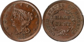 1857 Braided Hair Half Cent. C-1, the only known dies. Rarity-2. MS-62 BN (PCGS).
PCGS# 1239. NGC ID: 26Z3.