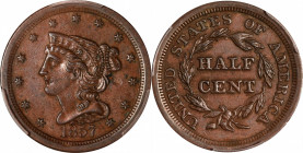 1857 Braided Hair Half Cent. C-1, the only known dies. Rarity-2. AU-55 (PCGS).
PCGS# 1239. NGC ID: 26Z3.
From the Steven Jay Ball Collection.
