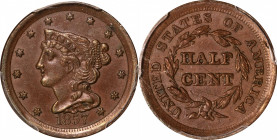 1857 Braided Hair Half Cent. C-1, the only known dies. Rarity-2. AU-53 (PCGS).
PCGS# 1239. NGC ID: 26Z3.