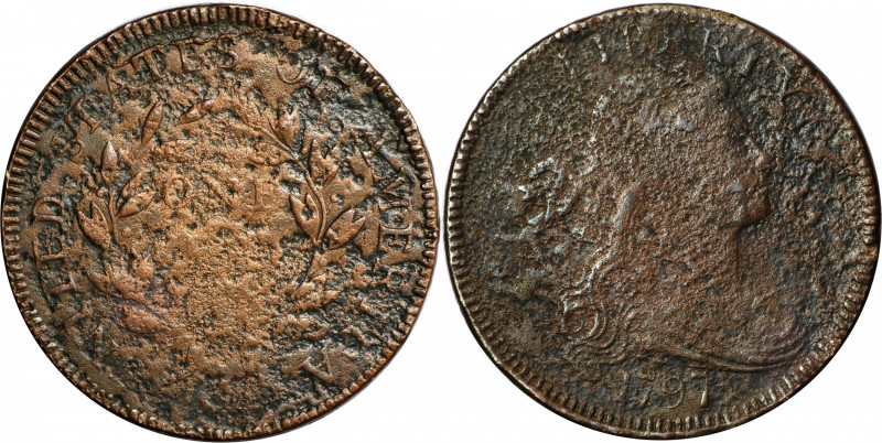 1797 Draped Bust Cent. NC-3. Rarity-6-. Reverse of 1797, Stems to Wreath. Very F...