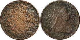 1797 Draped Bust Cent. NC-3. Rarity-6-. Reverse of 1797, Stems to Wreath. Very Fine, Heavy Corrosion.
PCGS# 35963.
From the 2002 EAC Convention Sale...