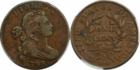 1798 Draped Bust Cent. S-169. Rarity-3. Style II Hair. VF-30 (PCGS).
PCGS# 1434.
From our (Stack's) June 2000 sale, lot 397.
