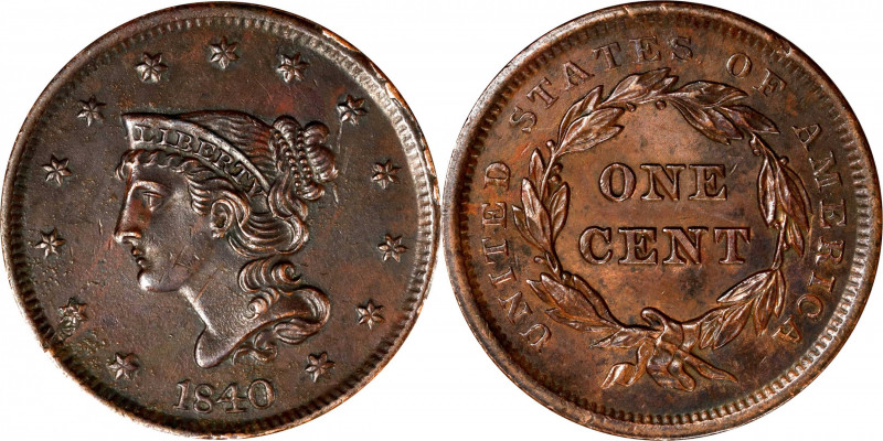 1840 Braided Hair Cent. N-10. Rarity-2. Grellman Die State d. Large Date. About ...