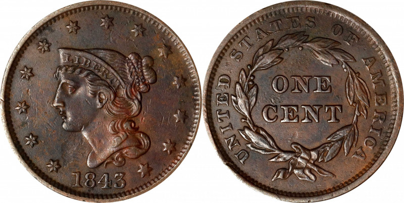 1843 Braided Hair Cent. N-12. Rarity-2. Grellman Die State f. Petite Head, Small...