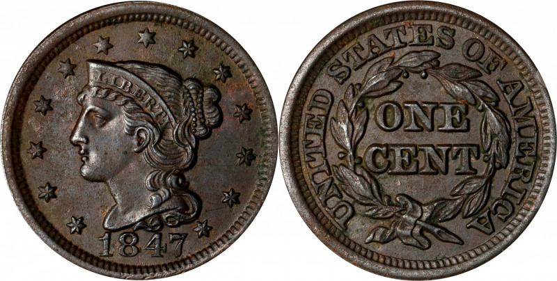 1847 Braided Hair Cent. N-8. Rarity-3. Grellman Die State c. About Uncirculated,...