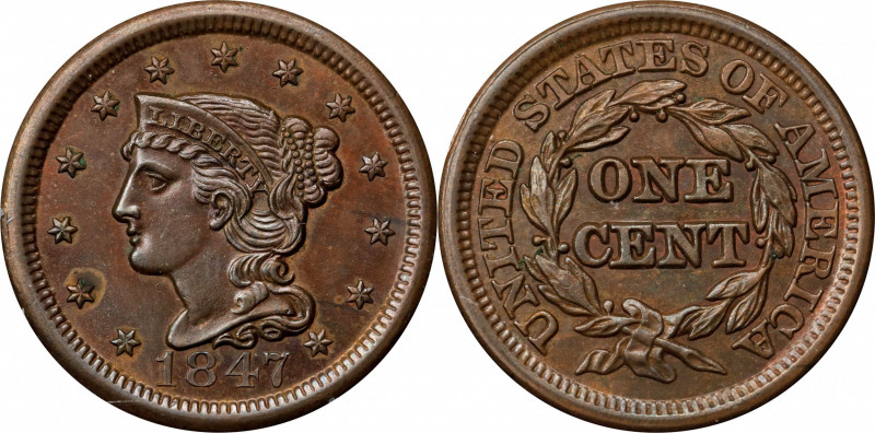 1847 Braided Hair Cent. N-38, 16. Rarity-1. MS-64 BN (PCGS). OGH--First Generati...