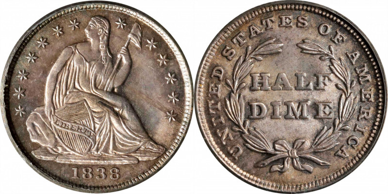 1838 Liberty Seated Half Dime. No Drapery. Large Stars. MS-63 (PCGS). OGH.
PCGS...