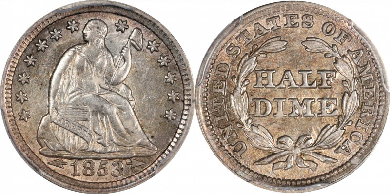 1853 Liberty Seated Half Dime. Arrows. AU-58 (PCGS).
PCGS# 4356. NGC ID: 233Y....