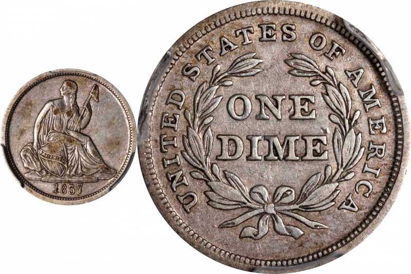 1837 Liberty Seated Dime. No Stars. Fortin-101a. Rarity-2. Large Date. Repunched...