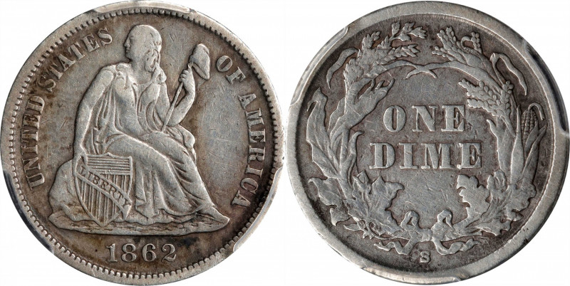 1862-S Liberty Seated Dime. Fortin-102. Rarity-4+. EF Details--Cleaned (PCGS).
...